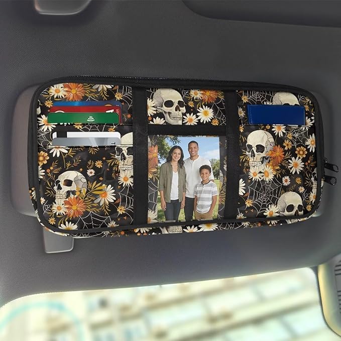 Skull Daisy Zippered Auto Car Sun Visor Organizer with Adjustable Straps and Multi-Pocket Car Sun Visor Storage Box with Picture Holder Easy Installation Universal Fit for Most Cars SUV