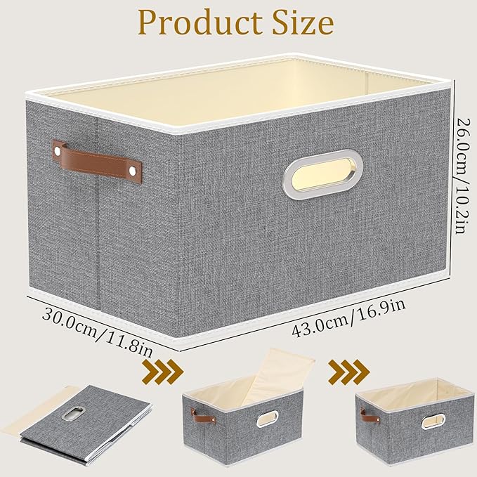 Yawinhe Fabric Storage Bins with Handles, Foldable Baskets for Shelves, Cubes with 3 Handles, Large Boxes for Clothes, Grey, 