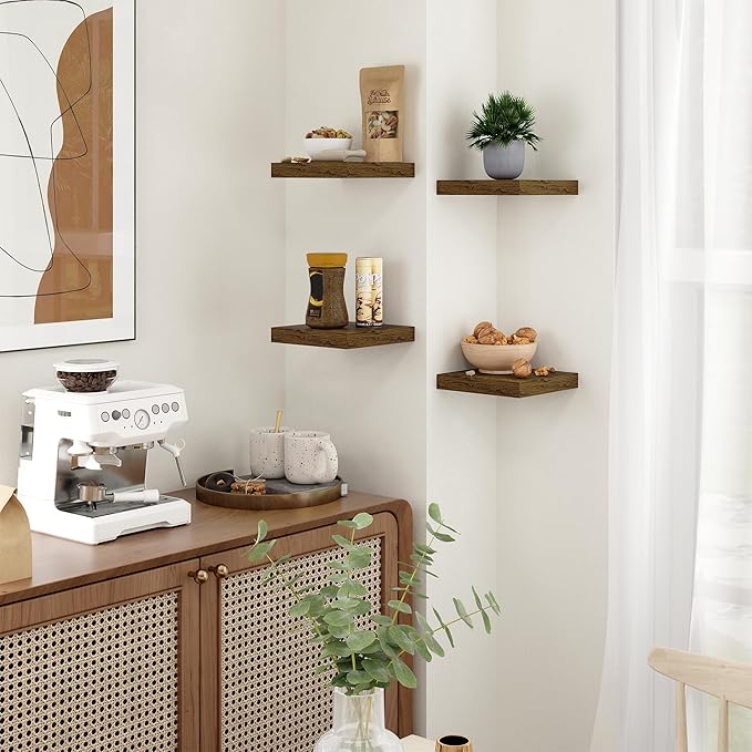 Fun Memories Floating Shelves for Wall - 7.5 Inch Square Shelves with Invisible Brackets, Brown Small Wall Shelf for Living R