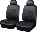CAR PASS Universal FIT Piping Leather Two Front Seat Covers, Waterproof Faux Leather for SUV Sedan Van Truck, Airbag Compatible,Reserved Opening Holes for Headrest Covers. (Black and Blue)