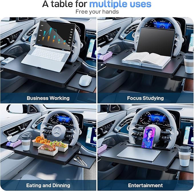 2 in 1 Car Steering Wheel Tray, Car Table Tray with Phone Holder, Steering Wheel Desk Food Table for Car Laptop Mount Steering Wheel for Large SUVs, Trucks & Vans