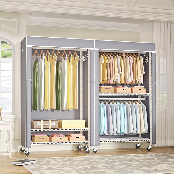 FUTASSI White Clothing Rack with Grey Cover, P1C Rolling Closet Rack with Wheels, Metal Garment Rack for Hanging Clothes, Clo