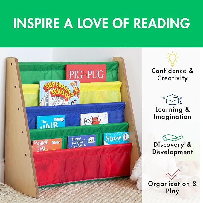 Humble Crew 4-Tier Kids Bookshelf, Natural Wood/Primary - Premium Book Shelf for Kids Rooms with Four Deep Pockets - Toddler 