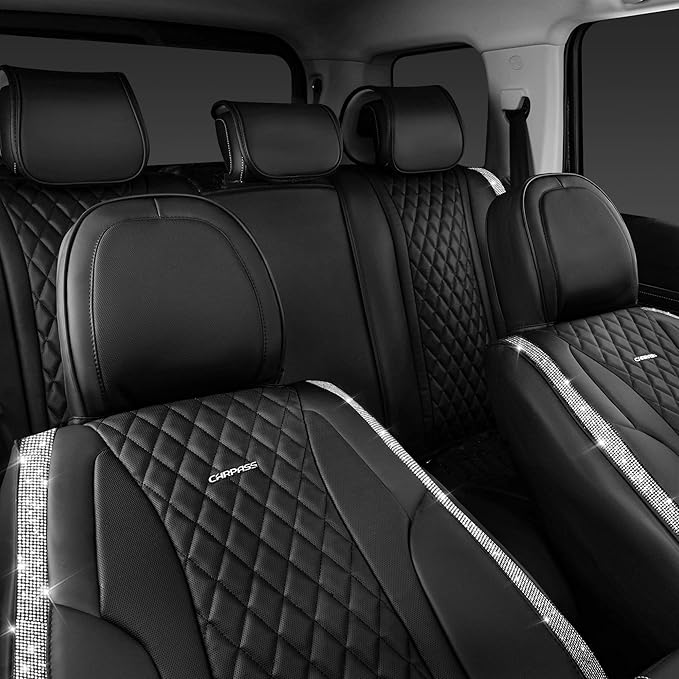CAR PASS Bling Leather Car Seat Covers & Black Nappa Leather Calfskin Seat Cushioned Protector, Waterproof Anti-Slip Universa