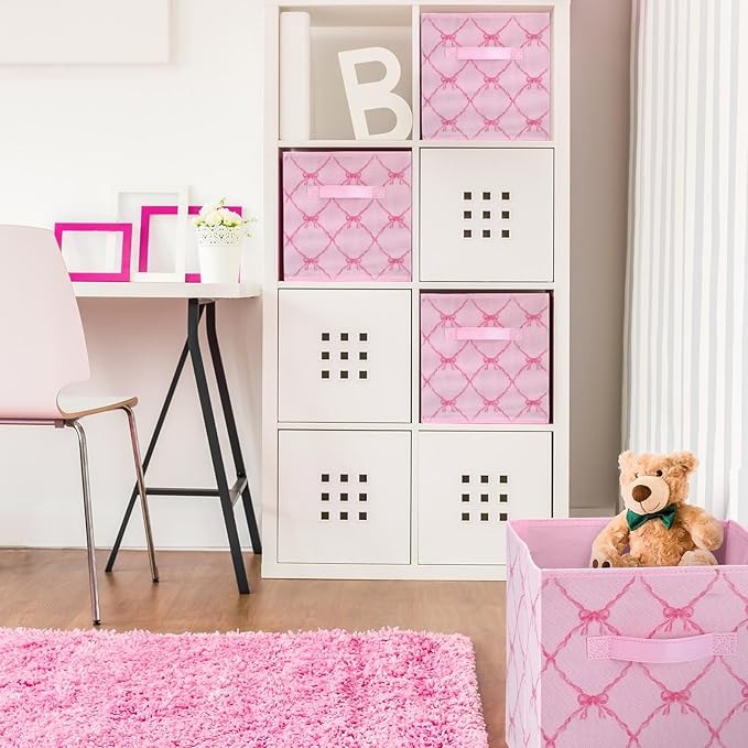 Geelin 6 Pcs Pink Bow Cube Storage Bins 11 Inch Storage Basket with Handle, Preppy Girls Organizer Basket, Collapsible Fabric