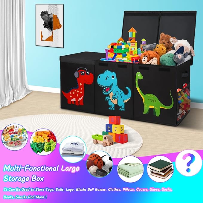 Mabahoo Extra Large Toy Box Chest, Collapsible Sturdy Kids Storage Organizer Bins with Lids, Black Dinosaur Toy Chest for Boy