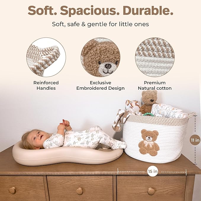 Teddy Bear Storage Basket for Nursery – Large 15"x11" Cotton Rope Bin with Soft Embroidered Bear Patch – Gender Neutral Toy O