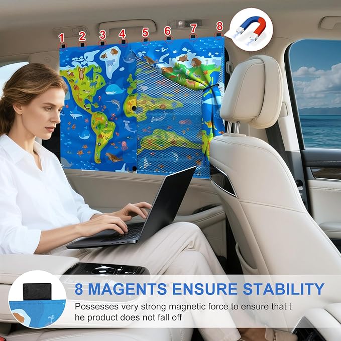 Car Window Shades with 8 Magnets-26.8"x19.7" Car Rear/Side Window Sunshade for Baby Semi-Transparent 2-in-1 Universal Auto Sun Shade for Kid & Pet Protection (2 Pack) World Map