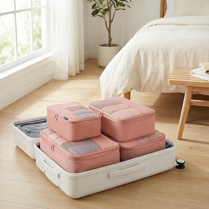 4 Piece Compression Packing Cubes for 3–7 Day Travel, Lightweight Travel Organizers with Breathable Mesh, Double-Zipper Packi