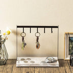 MyGift Black Metal Entryway Key Holder with 5 Hooks and Shabby Whitewashed Wood Base, Tabletop Necklace and Jewelry Organizer