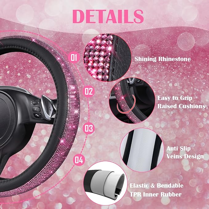 CAR PASS 30 PCS Bling Pink Car Set for Women, Bling Steering Wheel Covers Set 15 Inch, Shining Rhinestone License Plate Frame, Sparkly Diamond Phone Holder, Cute Interior Set Decorations, Pink Diamond
