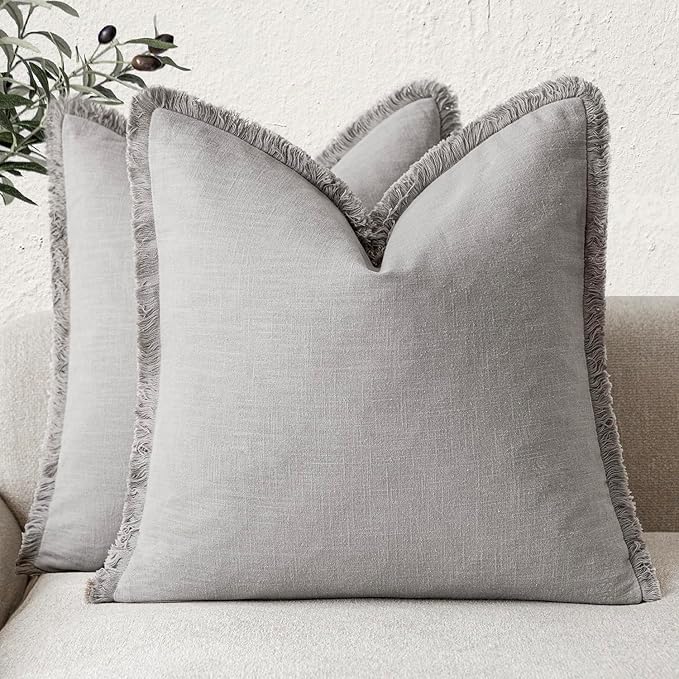 Foindtower Set of 2 Decorative Linen Fringe Throw Pillow Covers Cozy Farmhouse Cushion Cover with Tassels Accent Pillowcase f