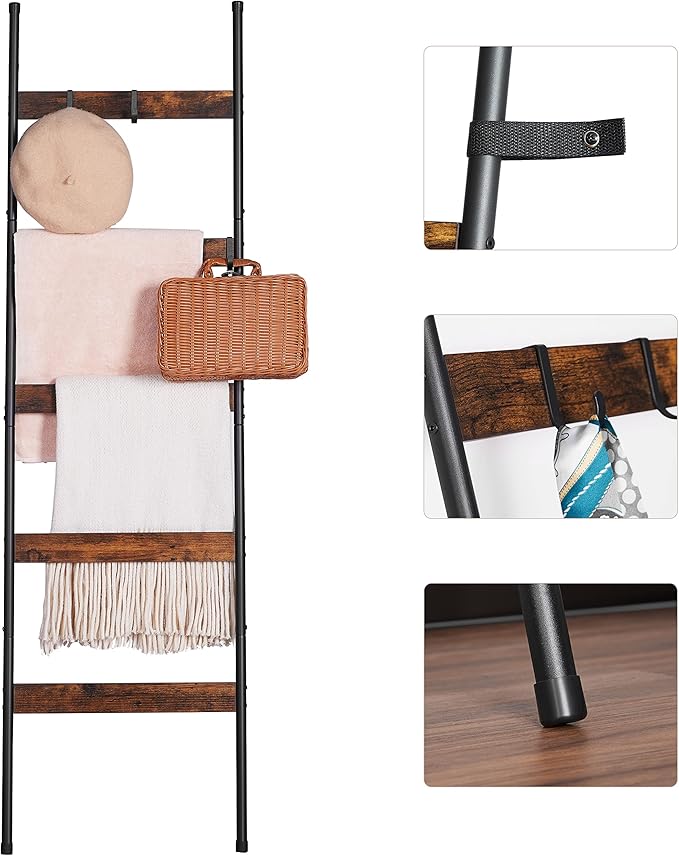 ELYKEN Blanket Ladder for Living Room, Farmhouse 5-Tier Quilt Holder with 4 Removable Hooks for Bathroom, Wood Towel Rack Dis
