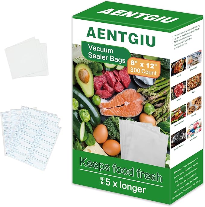 AENTGIU 300-Count Food Vacuum Sealer Bags 8 x 12 inch, Thick BPA-Free Sous Vide Bags Compatible with Most Vac Machines, Food 