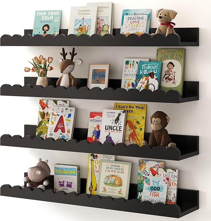 Shario Nursery Book Shelves, 4-Pack Wood Floating Shelves for Wall Kids, Scalloped Shelves, Wall Book Shelves for Bedroom Kid