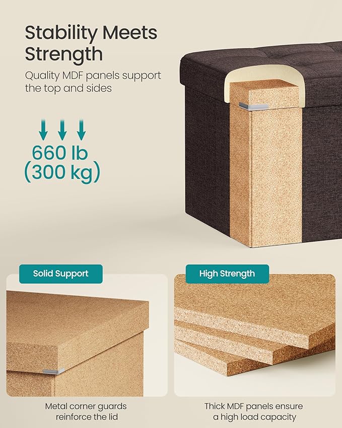 SONGMICS MAZIE Collection - 43 Inches Folding Storage Ottoman Bench, Ottoman Foot Rest, End of Bed Bench, Storage Chest, Load