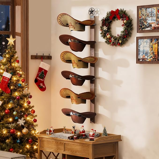 Cowboy Hat Rack for Wall – 3-Piece Western Hat Holder, Rustic Wooden & Metal Wall Mounted Cowboy Hat Organizer, Holds up to 6
