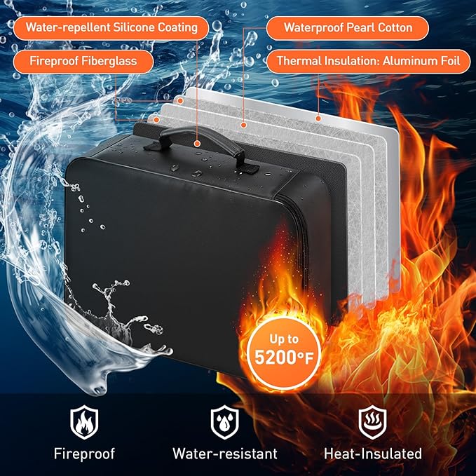5200°F Fireproof Document Bag with Lock - Mondoshop Heat-Insulated Fireproof Document Box, Important Document Organizer, Port