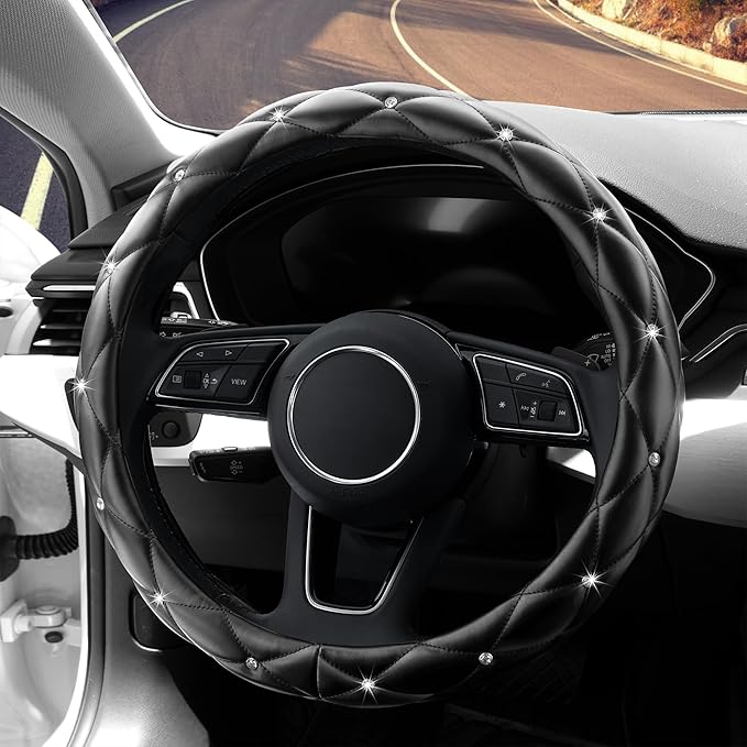 YOGURTCK Diamond Soft Leather Anti-Slip Steering Wheel Cover with Bling Bling Crystal Rhinestones, Universal 15 Inch for Wome