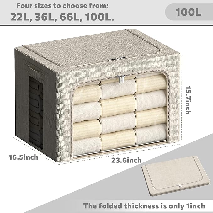 FHSQX 6 Pack Clothes Storage Bins with Metal Frame 100L Foldable Storage Bins for Clothes Linen Fabric Storage Box with Clear