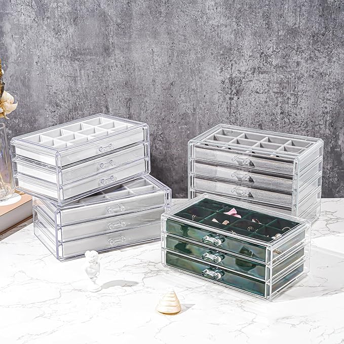 ProCase Earring Holder Organizer Jewelry Box with 3 Drawers, Acrylic Clear Earring Case with Adjustable Velvet Trays for Wome