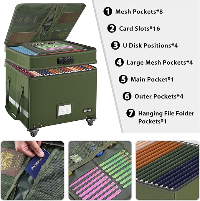 DocSafe File Box with Lock,2-Layer Fireproof Document Box with Wheels,Collapsible Rolling File Storage Organizer with Pockets