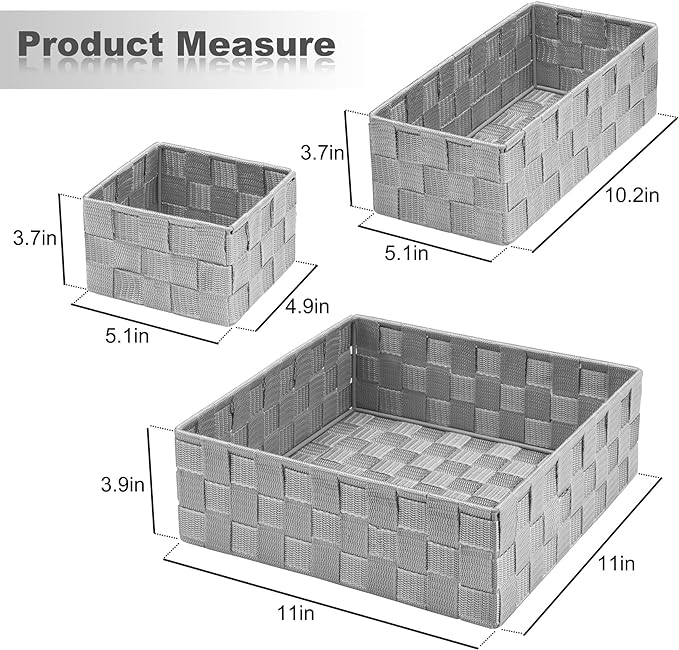 Posprica Drawer Organizer Bins,Woven Strap Storage Box Cube Basket Containers Divider for Organizing drawers, Shelves, Closet