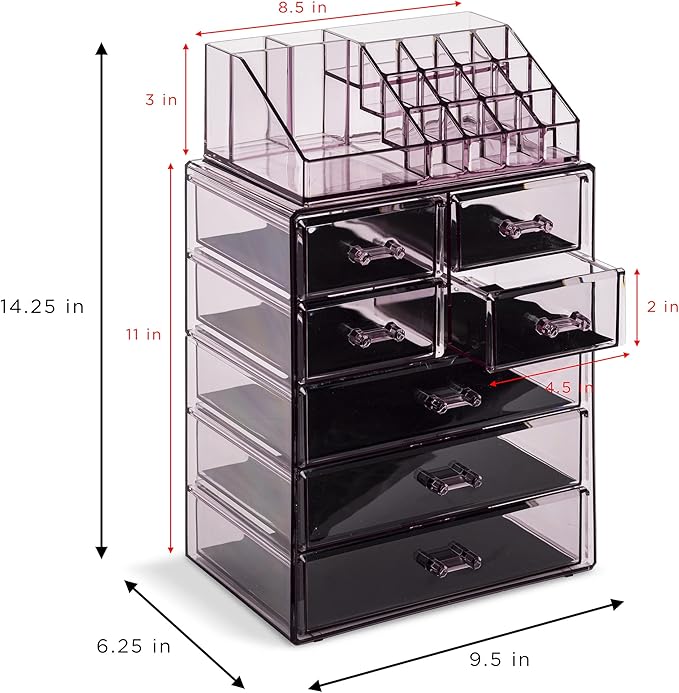 Sorbus Acrylic Makeup Organizer Set, 7-Drawer Vanity & Countertop Cosmetic Storage with Small & Wide Compartments, Purple Mak