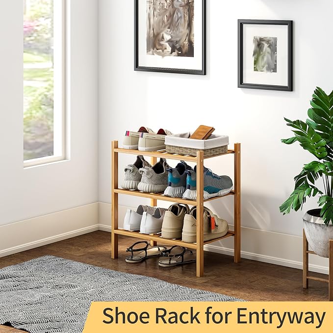 3-Tier Small Shoe Rack for Entryway, Stackable | Heavy Duty | Multi-Function, Bamboo Free Standing Shoe Racks for Bedroom Hal