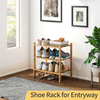 3-Tier Small Shoe Rack for Entryway, Stackable | Heavy Duty | Multi-Function, Bamboo Free Standing Shoe Racks for Bedroom Hal