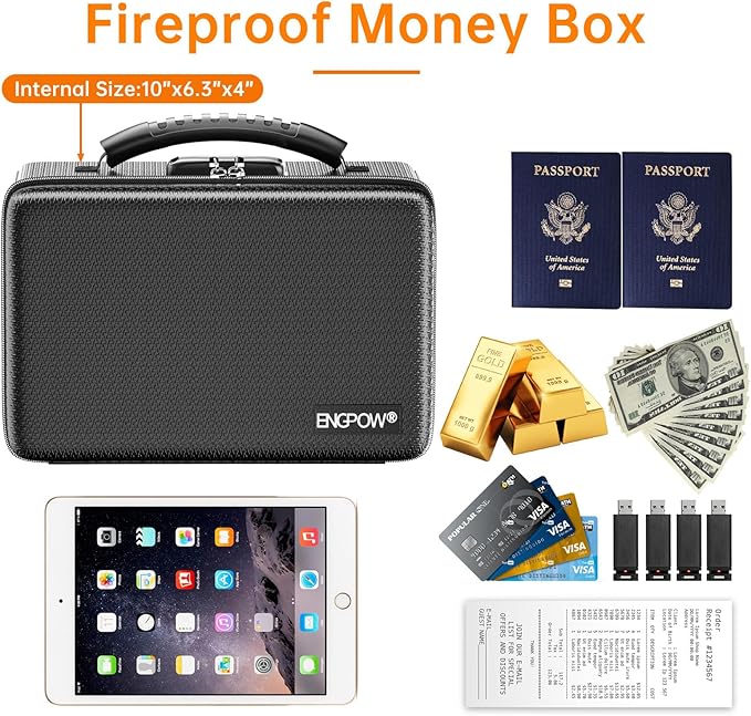 ENGPOW Fireproof Money Box, Small Hard Case Fireproof Box with Fireproof Zipper ＆ Lock, 6400°F Heat Insulated Fireproof Water