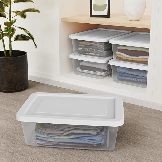 Sterilite 12 Pack Storage Box, 12 Quart Stackable Tote, Clear Plastic Container with Secure Snapping Lids for Home and Office