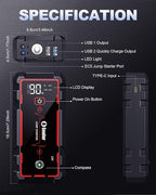 5000A Jump Starter Car Battery Jumper Starter Portable with Jumper Cable, Quick Charge Power Bank, 3 Modes Flashlight,