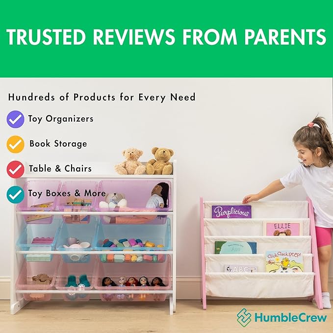 Humble Crew 4-Tier Kids Bookshelf, Pink/White - Premium Book Shelf for Kids Rooms with Four Deep Pockets - Toddler Sling Book