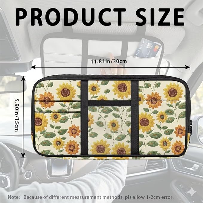 Car Sun Visor Organizer,Sunflower Theme Multi-Pocket Visor Organizer Storage Pouch with Double Zippers Document Holder for Insurance, Pen, Chapstick