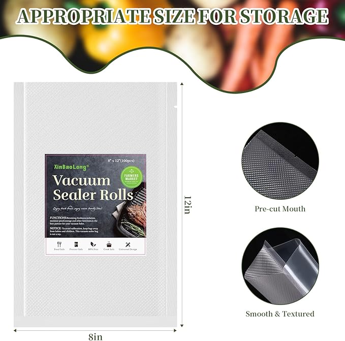 Vacuum Sealer Bags For Food - 100 Quart 8" x 12" - Commercial Grade BPA Free Bag - Durable Customized Size Food Vac Bags for 
