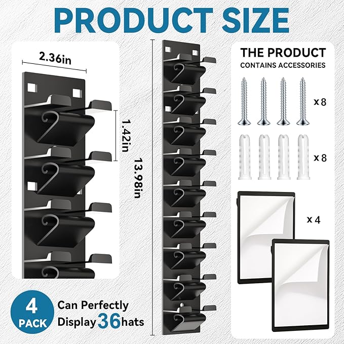 4 Pack Hat Organizer for Baseball Caps, Hat Organizer for Wall Hold up to 36 Hats, Wall-Mounted Hat Display Stand, Hat Rack, 