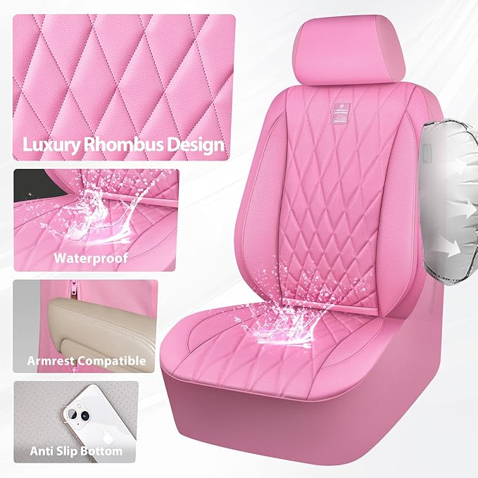 CAR PASS Piping Luxury Leather Two Front Car Seat Covers, Cute Girly Waterproof Anti Slip Seat Covers Compatible with Front S