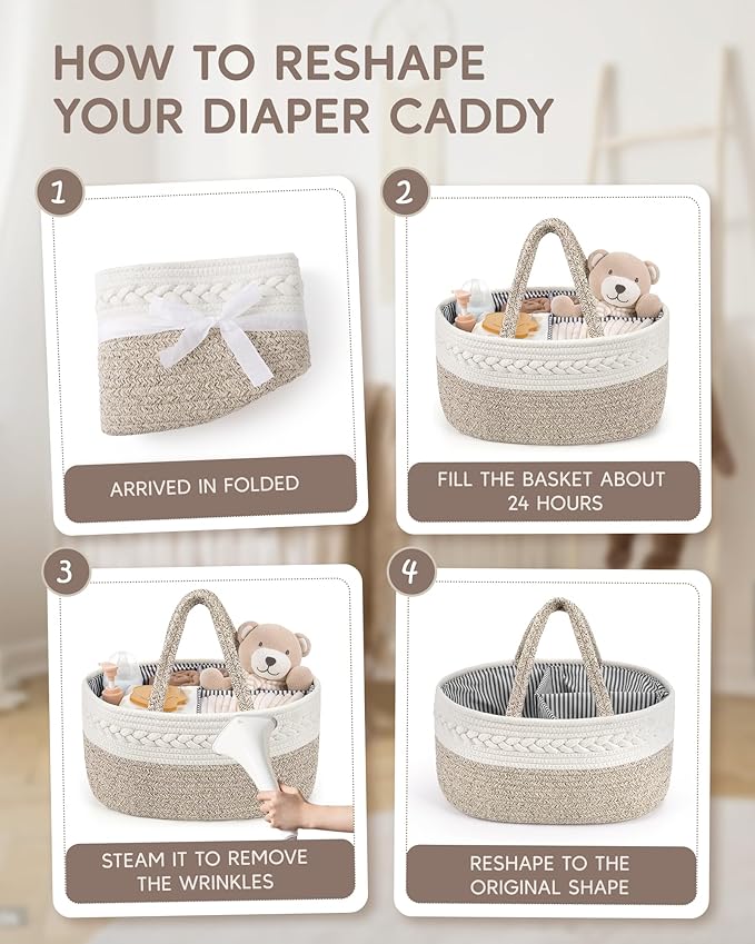 Maliton Diaper Caddy Organizer for Baby, Cotton Rope Baby Gift Basket, Portable Diaper Organizer for changing table, Nursery 