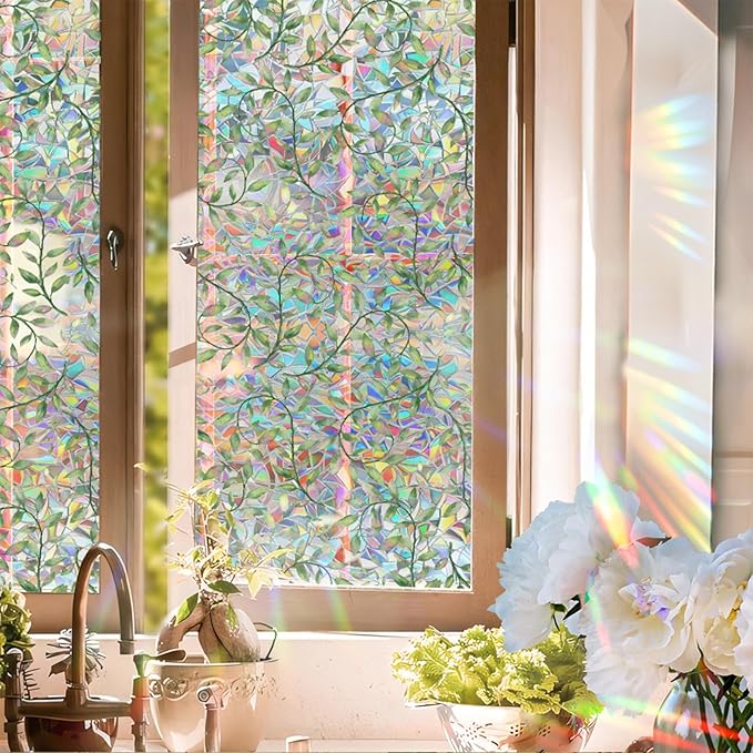Niviy Leaf Rainbow Window Film, Stained Glass Window Film Glass Decals Static Cling Stickers, Windows Tint for Home Bathroom (16.93 x 39.37inch)