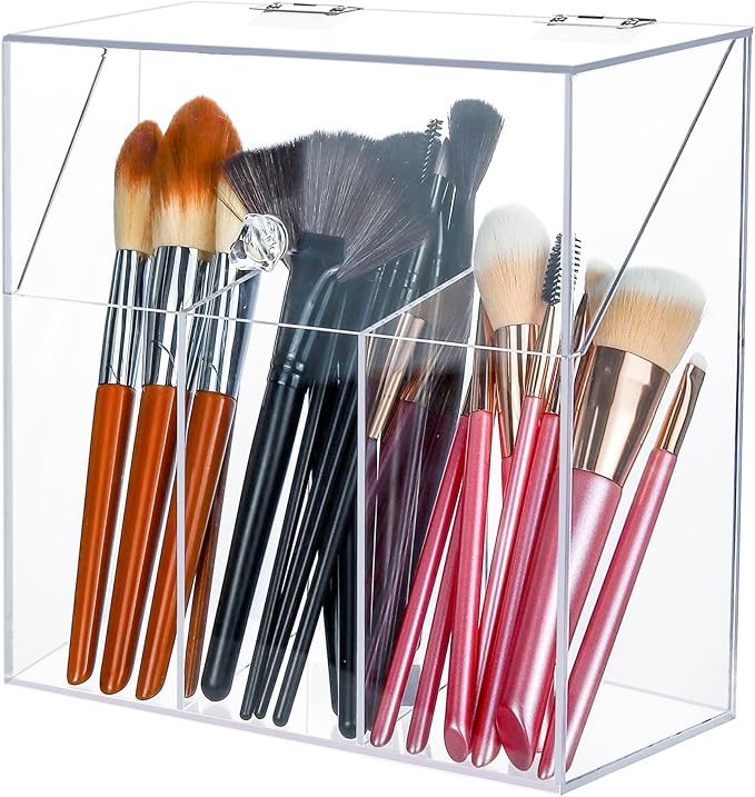 Acrylic Makeup Brush Holder with Lid - Clear Cosmetic Makeup Brush Organizer and Storage Box with Cover for Vanity - Large Ca