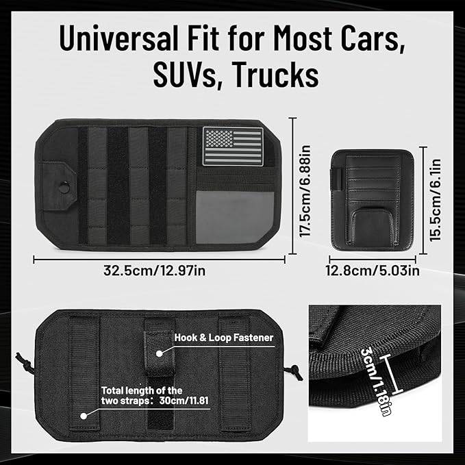 2 Pack Car Sun Visor Organizer, Auto Interior Accessories Tactical Molle Panel & PU Leather Visor Storage Pouch with Sunglasses Clip, Multi-Pocket Document Holder for Truck SUV Car Gear