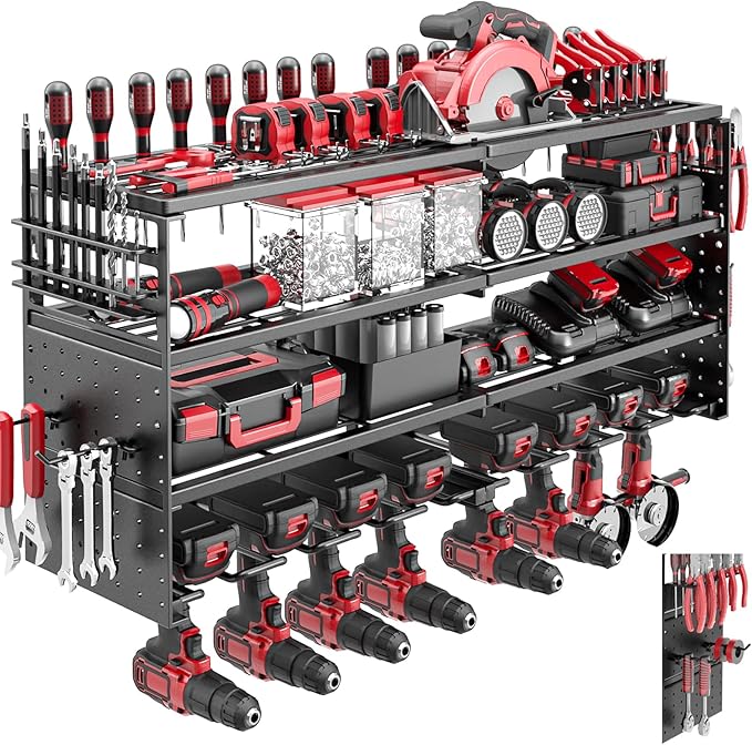 4 Tier Power Tool Organizer Wall Mount, 8 Cordless Drill Holders, 320LBS Heavy Duty Power Tool Storage Rack, Holds 50+ Tools 