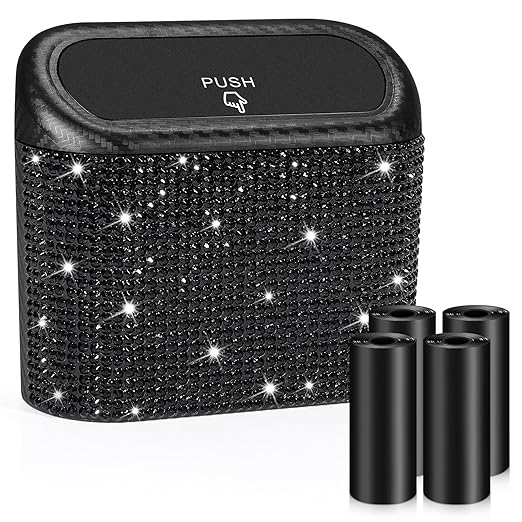 Accmor Bling Car Trash Can with Lid, Mini Vehicle Trash Bin, Car Dustbin Garbage Organizer with 60 Trash Bag, Leakproof Auto Storage Bag Container for Car, Home, Office (Carbon Fiber&Black Rhinestone)