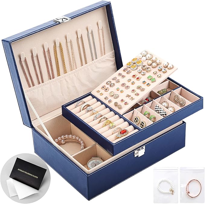 Jewelry Organizer Box PU Leather Jewelry Box for Girls Womens Earring Organizer Boxes 2 Layer Large Jewelry Storage Case Remo