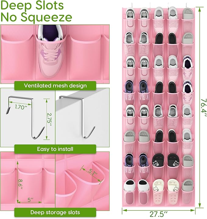 Unjumbly Over the Door Shoe Organizer with 40 Large Breathable Mesh Pockets, Space Saving Shoe Holder, Hanging Shoe Rack for 