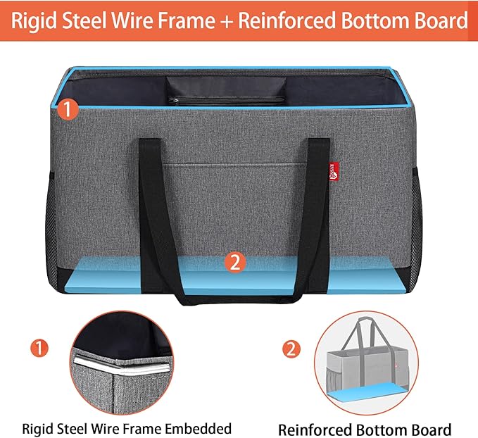 Extra Large Utility Tote Bag, Foldable Reusable Grocery Bags, Collapsible Tote with Metal Wire Frame & Reinforced Bottom Board, Stand up Large Utility Tote for Groceries, Shopping, Storage