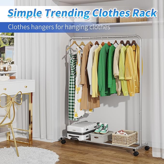 Simple Trending Standard Clothes Clothing Garment Rack with Storage Shelves, Rolling Clothes Organizer on Wheels for Hanging 
