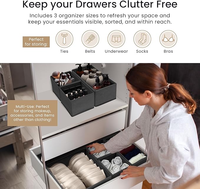 Reli. Drawer Organizer for Clothes (7 Pack) | Gray Dresser Organizer for Clothing | Foldable Fabric Drawer Bins for Bras, Nur