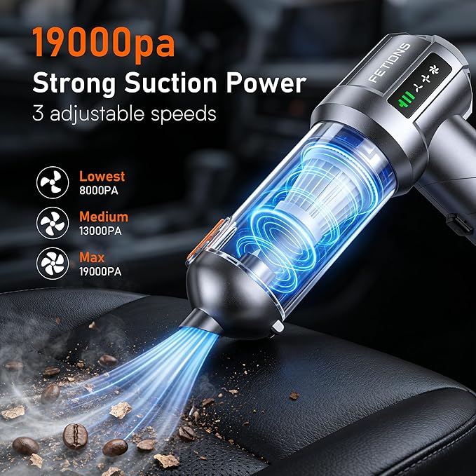 Handheld Car Vacuum Cordless,3 Suction Modes,Portable Mini Cordless Cleaner with 19000pa Suction Power,Type-C Charge,Handheld